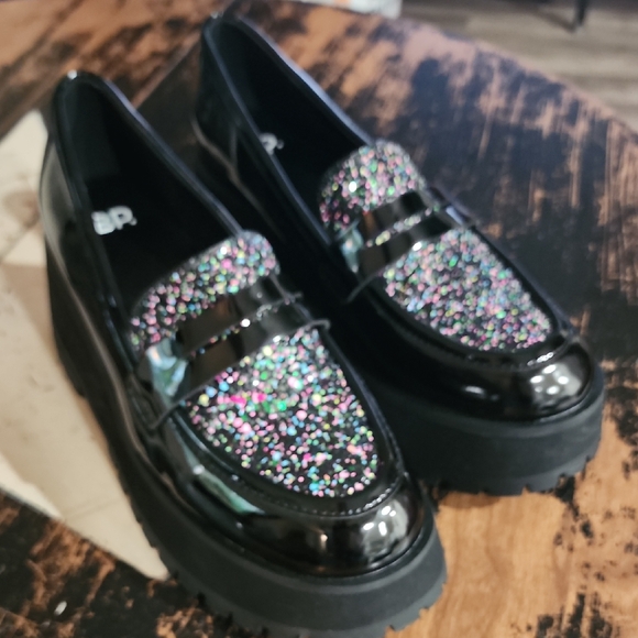 BP Shilo Platform Black Sparkle Glitter Lug Loafer Size US 8.5 WOMENS New No Box - Picture 1 of 6